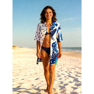 Farm Rio Linen Tropical Shirt Buttondown Short Sleeve Bathing cover up S